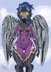 Size: 707x1000 | Tagged: amputee, anthro, artificial wings, artist:empressbridle, augmented, breasts, clothes, costume, derpibooru import, female, goggles, mechanical wing, pegasus, prosthetic limb, prosthetics, prosthetic wing, shadowbolts, shadowbolts costume, small breasts, suggestive, wings