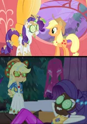 Size: 732x1042 | Tagged: safe, derpibooru import, screencap, applejack, rarity, earth pony, pony, unicorn, equestria girls, equestria girls series, inclement leather, look before you sleep, spoiler:choose your own ending (season 2), spoiler:eqg series (season 2), armpits, clothes, clothes hanger, comparison, cucumber, curtain, dress, dripping, female, food, golden oaks library, happy, hat, inclement leather: applejack, indoors, jacket, leaves, looking at someone, mud, mud mask, outdoors, rain, shipping fuel, smiling, sunglasses, tree, twig, window