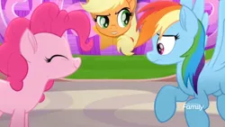 Size: 1364x768 | Tagged: safe, derpibooru import, screencap, applejack, pinkie pie, rainbow dash, pony, rainbow roadtrip, balloon, discovery family logo, frown, hot air balloon, smiling