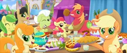 Size: 3840x1616 | Tagged: safe, derpibooru import, screencap, apple bloom, apple fritter, applejack, big macintosh, caramel apple, golden delicious, granny smith, earth pony, pony, my little pony: the movie, apple, apple family, apple family member, apple juice, apple pie, apple slice, background pony, blueberry, cake, caramel apple (food), carrot, crumbs, cupcake, eating, eyes closed, female, filly, food, grapes, juice, licking, licking lips, male, mare, one eye closed, pie, pineapple, pudding, puffy cheeks, punch (drink), punch bowl, sandwich, shishkebab, stallion, tongue out, upscaled, we got this together