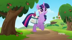 Size: 1366x768 | Tagged: safe, derpibooru import, screencap, twilight sparkle, twilight sparkle (alicorn), alicorn, pony, rainbow roadtrip, apple, apple tree, bag, discovery family logo, outdoor, paper, road, saddle bag, solo, tree