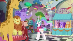 Size: 1920x1080 | Tagged: safe, derpibooru import, screencap, princess celestia, pony, between dark and dawn, alternate hairstyle, barehoof, childish, clothes, excited, fao schwarz, female, folded wings, hawaiian shirt, looking up, manehattan, mare, open mouth, piano mat, plushie, shirt, solo, toy, toy store, vacation, wide eyes, wings