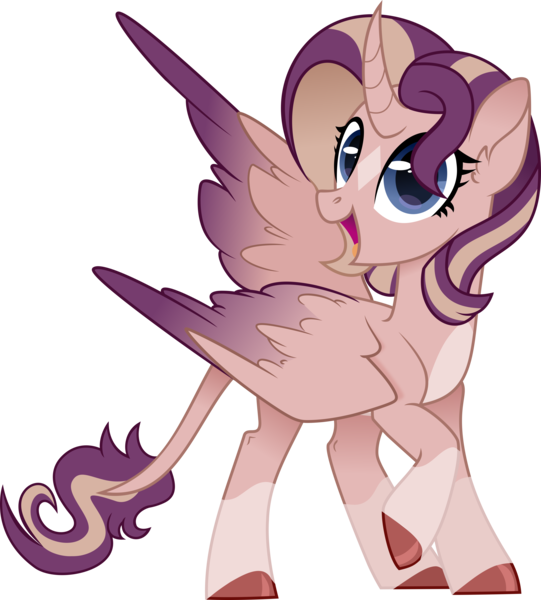 Size: 6000x6656 | Tagged: safe, artist:n0kkun, derpibooru import, oc, oc:shimmering spectacle, unofficial characters only, alicorn, pony, alicorn oc, base used, curved horn, horn, leonine tail, looking at you, magical lesbian spawn, magical threesome spawn, offspring, open mouth, raised hoof, solo, two toned wings, wings