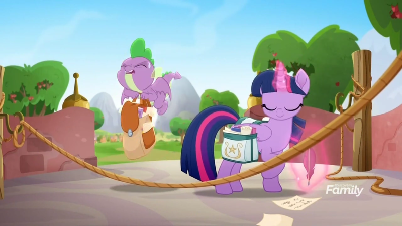 Size: 1366x768 | Tagged: safe, derpibooru import, screencap, spike, twilight sparkle, twilight sparkle (alicorn), alicorn, dragon, rainbow roadtrip, apple, apple tree, backpack, bag, flying, heavy, levitation, lifting, magic, outdoors, paper, quill pen, rope, saddle bag, telekinesis, tree, winged spike