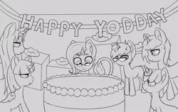 Size: 950x600 | Tagged: safe, artist:vintyri, derpibooru import, oc, oc:sign, oc:sylvine, oc:techno glitch, oc:yodi, classical unicorn, pony, unicorn, cold blooded twilight, birthday, birthday cake, cake, cloven hooves, donut, food, glasses, group, leonine tail, monochrome, neo noir, partial color, present, unshorn fetlocks