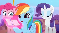 Size: 1366x768 | Tagged: safe, derpibooru import, screencap, pinkie pie, rainbow dash, rarity, pony, rainbow roadtrip, balloon basket, discovery family logo, hot air balloon, levitation, magic, telekinesis