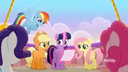 Size: 1366x768 | Tagged: safe, derpibooru import, screencap, applejack, fluttershy, pinkie pie, rainbow dash, rarity, twilight sparkle, twilight sparkle (alicorn), alicorn, pony, rainbow roadtrip, balloon basket, cloud, discovery family logo, flying, letter, levitation, magic, mane six, telekinesis