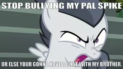 Size: 642x362 | Tagged: safe, derpibooru import, edit, edited screencap, editor:undeadponysoldier, screencap, rumble, pegasus, pony, marks and recreation, angry, bleachers, caption, colt, defending, discovery family logo, image macro, implied garble, implied spike, implied thunderlane, looking at you, male, offscreen character, open mouth, solo, spikelove, text, threatening