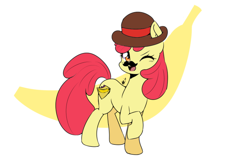 Size: 842x595 | Tagged: safe, artist:shelltoon, derpibooru import, apple bloom, earth pony, pony, atg 2019, banana, bananabloom, disguise, dishonorapple, facial hair, fake cutie mark, female, food, hat, moustache, newbie artist training grounds, one eye closed, post-it, simple background, solo, transparent, transparent background, wink