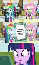 Size: 1280x2142 | Tagged: safe, derpibooru import, aqua blossom, fluttershy, rainbow dash, sophisticata, spike, twilight sparkle, twilight sparkle (alicorn), watermelody, alicorn, dog, equestria girls, rainbow rocks, meme, rainbow dash phone meme, spike the dog, template