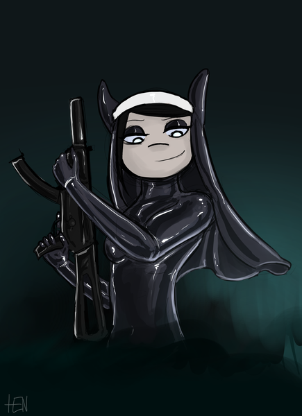 Size: 2434x3354 | Tagged: anthro, artist:tenenbris, derpibooru import, eyeshadow, gun, latex, makeup, mp5, nun, oc, oc:purity knight, safe, weapon