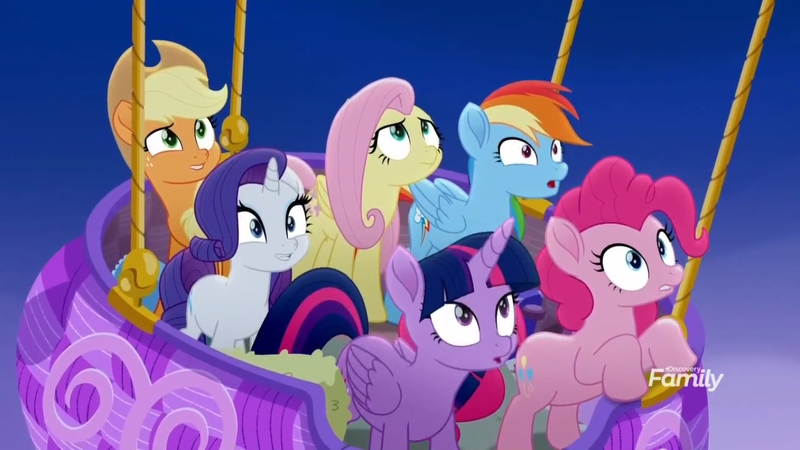 Size: 1366x768 | Tagged: safe, derpibooru import, screencap, applejack, fluttershy, pinkie pie, rainbow dash, rarity, twilight sparkle, twilight sparkle (alicorn), alicorn, pony, rainbow roadtrip, discovery family logo, hot air balloon, looking up, mane six, night, sky