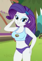 Size: 650x930 | Tagged: suggestive, derpibooru import, edit, edited screencap, editor:ah96, screencap, rarity, equestria girls, legend of everfree, bedroom eyes, belly button, breast edit, breasts, busty rarity, camp everfree logo, camp everfree outfits, cleavage, clothes, cropped, female, hand on hip, like what you see?, looking at you, panties, purple underwear, raripanty, sexy, smiling, solo, solo female, stupid sexy rarity, underwear, underwear edit