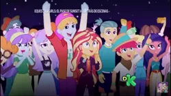 Size: 1280x720 | Tagged: safe, derpibooru import, screencap, aqua blossom, desert sage, drama letter, guy grove, raspberry lilac, sandy cerise, scott green, scribble dee, snow flower, sunset shimmer, watermelody, wiz kid, equestria girls, equestria girls series, sunset's backstage pass!, spoiler:eqg series (season 2), animation error, background human, clothes, female, geode of empathy, magical geodes, male, mobile phone, phone, smartphone