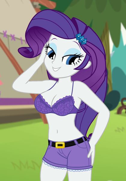 Size: 650x930 | Tagged: suggestive, derpibooru import, edit, edited screencap, editor:ah96, screencap, rarity, equestria girls, legend of everfree, bedroom eyes, belly button, bra, breast edit, breasts, busty rarity, cleavage, clothes, cropped, female, hand on hip, lidded eyes, like what you see?, looking at you, purple underwear, sexy, smiling, solo, stupid sexy rarity, underwear, underwear edit