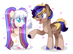 Size: 2211x1649 | Tagged: safe, artist:sugaryicecreammlp, derpibooru import, oc, oc:funfetti, oc:golden delight, unofficial characters only, earth pony, pegasus, pony, female, male, mare, stallion, two toned wings, wings