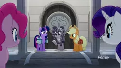 Size: 1366x766 | Tagged: safe, derpibooru import, screencap, applejack, pinkie pie, rarity, twilight sparkle, twilight sparkle (alicorn), alicorn, pony, rainbow roadtrip, bag, book, desaturated, discovery family logo, door, grayscale, hope hollow, hotel, monochrome, saddle bag