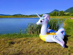 Size: 1199x899 | Tagged: safe, artist:arniemkii, derpibooru import, princess celestia, alicorn, pegasus, pony, unicorn, bootleg, female, horseplay, inflatable, inflatable toy, lake, mare, nature, relaxing, summer, water