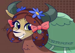 Size: 1280x919 | Tagged: artist:cadetredshirt, bow, braided pigtails, cell shaded, chest fluff, cute, derpibooru import, digital, digital art, flower, flower in hair, gradient background, hair bow, horns, looking at you, safe, shawl, simple background, smiling, solo, yak, yona, yonadorable