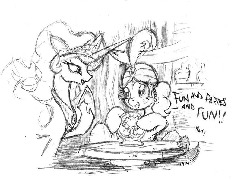 Size: 900x705 | Tagged: safe, artist:yewdee, derpibooru import, pinkie pie, princess celestia, alicorn, earth pony, pony, blatant lies, crystal ball, dialogue, female, gypsy pie, jewelry, looking at each other, mare, monochrome, mushroom cloud, raised hoof, regalia, table, turban