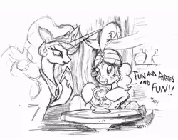 Size: 900x705 | Tagged: safe, artist:yewdee, derpibooru import, pinkie pie, princess celestia, alicorn, earth pony, pony, blatant lies, crystal ball, dialogue, female, gypsy pie, jewelry, looking at each other, mare, monochrome, mushroom cloud, raised hoof, regalia, table, turban