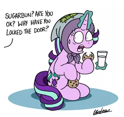 Size: 1581x1484 | Tagged: safe, artist:bobthedalek, derpibooru import, starlight glimmer, pony, unicorn, atg 2019, blanket, clothes, cookie, eating, fathers gonna father, fear, female, food, headscarf, hoof hold, implied firelight, magic, mare, milk, newbie artist training grounds, scarf, telekinesis