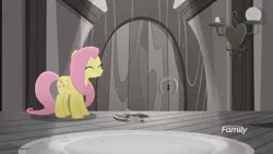 Size: 1364x768 | Tagged: safe, derpibooru import, screencap, fluttershy, pony, rainbow roadtrip, broken, desaturated, discovery family logo, door, grayscale, keyhole, lamp, light, monochrome, shattered, solo