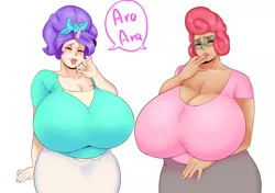 Size: 2347x1649 | Tagged: ara ara, artist:sundown, big breasts, breasts, busty cookie crumbles, busty posey shy, cleavage, cookie crumbles, derpibooru import, duo, duo female, eyes closed, female, females only, huge breasts, human, humanized, impossibly large breasts, milf, posey shy, smiling, suggestive