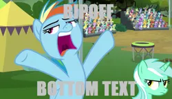 Size: 885x512 | Tagged: safe, derpibooru import, edit, edited screencap, screencap, button mash, doctor whooves, gallus, goldengrape, huckleberry, lucky charm (character), lyra heartstrings, november rain, rainbow dash, silverstream, sir colton vines iii, smolder, time turner, toffee swirl, pony, the washouts (episode), annoyed, background pony, bottom text, dashie hates ripoffs, friendship student, impact font, lyra is not amused, quality, unamused