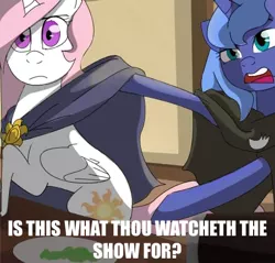 Size: 465x444 | Tagged: safe, artist:lunarcakez, derpibooru import, princess celestia, princess luna, alicorn, pony, butt, caption, cloak, clothes, i watch it for the plot, image macro, meme, out of context, pink-mane celestia, s1 luna, text