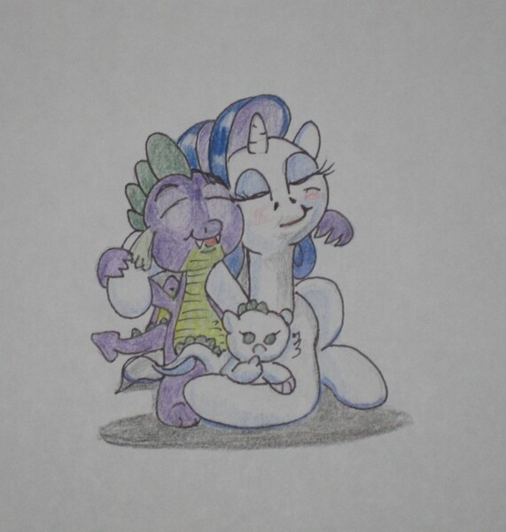 Size: 1012x1064 | Tagged: safe, artist:hillbe, derpibooru import, rarity, spike, dracony, dragon, hybrid, pony, female, interspecies offspring, male, offspring, parent:rarity, parent:spike, parents:sparity, shipping, sparity, straight, traditional art, winged spike