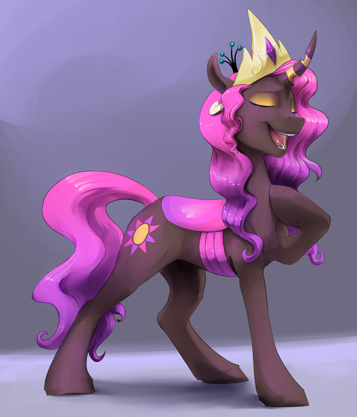 Size: 1090x1275 | Tagged: artist:silfoe, celestia's crown, changeling, changeling oc, changepony, commission, crown, derpibooru import, eyes closed, female, hoof on chest, horn, horn ring, hybrid, interspecies offspring, jewelry, magical lesbian spawn, mare, oc, oc:princess rubellite tourmaline, offspring, parent:princess celestia, parent:queen chrysalis, parents:chryslestia, pink changeling, purple background, regalia, ring, safe, simple background, smiling, solo, transgender, trans girl, unofficial characters only