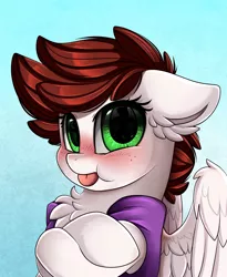 Size: 1446x1764 | Tagged: safe, artist:pridark, derpibooru import, oc, oc:graph travel, unofficial characters only, pegasus, pony, :p, angry, bleh, blushing, bust, chest fluff, clothes, commission, crossed hooves, cute, female, freckles, green eyes, looking at you, mare, portrait, pridark is trying to murder us, solo, spread wings, tongue out, vest, wing fluff, wings