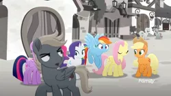 Size: 1366x768 | Tagged: safe, derpibooru import, screencap, applejack, fluttershy, pinkie pie, rainbow dash, rarity, twilight sparkle, twilight sparkle (alicorn), unnamed character, unnamed pony, alicorn, pegasus, pony, rainbow roadtrip, background pony, building, confused, desaturated, discovery family logo, grayscale, hope hollow, male, mane six, monochrome, stallion, weirded out