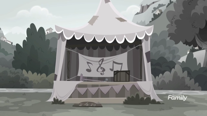 Size: 1366x768 | Tagged: safe, derpibooru import, screencap, pony, rainbow roadtrip, banner, broken, desaturated, discovery family logo, grayscale, hope hollow, microphone, monochrome, music notes, outdoors, shoddy workmanship, sign, stage, tree