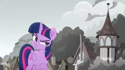 Size: 1366x768 | Tagged: safe, derpibooru import, screencap, twilight sparkle, twilight sparkle (alicorn), alicorn, pony, rainbow roadtrip, building, desaturated, discovery family logo, female, folded wings, grayscale, hope hollow, mare, monochrome, raised eyebrow, raised hoof, solo, suspicious, tree, wings