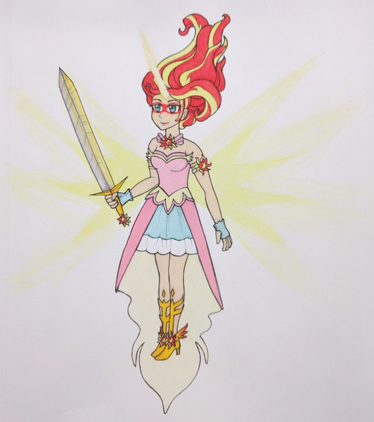 Size: 554x625 | Tagged: safe, artist:metalamethyst, derpibooru import, sunset shimmer, human, equestria girls, daydream shimmer, horn, horned humanization, humanized, simple background, sword, traditional art, weapon, white background, winged humanization, wings