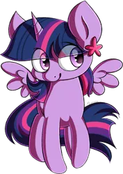 Size: 2786x3936 | Tagged: safe, artist:ekveviron, derpibooru import, twilight sparkle, twilight sparkle (alicorn), alicorn, pony, cute, eye clipping through hair, female, flower, flower in hair, high res, mare, simple background, solo, spread wings, transparent background, twiabetes, wings