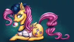 Size: 1920x1080 | Tagged: safe, artist:eternalsubscriber, derpibooru import, fluttershy, pegasus, pony, backwards ballcap, baseball cap, bubblegum, cap, cheek fluff, chest fluff, choker, clothes, ear fluff, ear piercing, eyebrow piercing, female, food, gum, hat, mare, piercing, profile, prone, solo