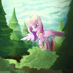 Size: 2500x2500 | Tagged: safe, artist:pedrohander, derpibooru import, princess cadance, alicorn, pony, forest, solo, spread wings, wings