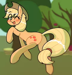 Size: 592x614 | Tagged: safe, artist:pomadora1, derpibooru import, applejack, earth pony, pony, blushing, cute, eye clipping through hair, female, jackabetes, mare, one eye closed, open mouth, solo, tree, wink