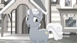Size: 1366x768 | Tagged: safe, derpibooru import, screencap, sunny skies, pony, rainbow roadtrip, building, desaturated, discovery family logo, grayscale, hope hollow, monochrome, sad, solo