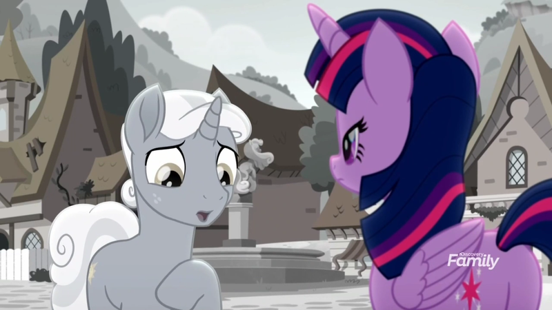 Size: 1366x768 | Tagged: safe, derpibooru import, screencap, sunny skies, twilight sparkle, twilight sparkle (alicorn), alicorn, pony, rainbow roadtrip, building, desaturated, discovery family logo, fountain, grayscale, hope hollow, monochrome, sad