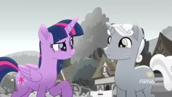 Size: 1366x768 | Tagged: safe, derpibooru import, screencap, sunny skies, twilight sparkle, twilight sparkle (alicorn), alicorn, pony, rainbow roadtrip, colorless, desaturated, discovery family logo, duo, female, folded wings, freckles, grayscale, hope hollow, male, mare, monochrome, raised eyebrow, raised hoof, smiling, stallion, wings