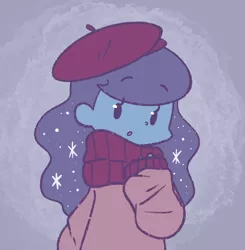 Size: 634x648 | Tagged: artist:typhwosion, beady eyes, beret, blue background, clothes, cute, derpibooru import, female, hat, human, humanized, looking at you, lunabetes, :o, open mouth, princess luna, safe, scarf, simple background, solo, sweater