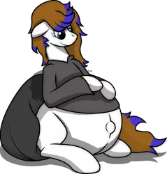 Size: 1024x1072 | Tagged: safe, artist:bronzepony, derpibooru import, oc, oc:leda, pony, belly, belly button, big belly, clothes, female, hoodie, hoof on belly, large belly, looking at belly, outie belly button, pregnant, sitting