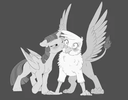 Size: 1680x1320 | Tagged: safe, artist:silfoe, derpibooru import, gilda, twilight sparkle, twilight sparkle (alicorn), alicorn, gryphon, pony, blushing, chest fluff, commission, crack shipping, female, gray background, grayscale, kiss on the cheek, kissing, lesbian, mare, missing cutie mark, monochrome, one eye closed, shipping, simple background, smiling, spread wings, twilda, wingboner, wings