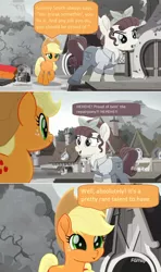 Size: 1352x2288 | Tagged: safe, derpibooru import, edit, edited screencap, screencap, applejack, torque wrench, pony, rainbow roadtrip, clothes, comic, desaturated, dialogue, discovery family logo, grayscale, hope hollow, lumber, monochrome, overalls, plank, planks, screencap comic, speech bubble, toolbox