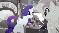 Size: 1364x766 | Tagged: safe, derpibooru import, screencap, kerfuffle, rarity, pony, rainbow roadtrip, boutique, desaturated, discovery family logo, grayfuffle, grayscale, mannequin, monochrome, sunglasses