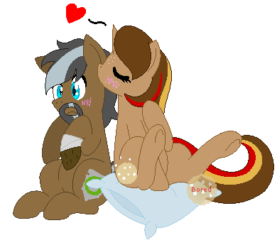 Size: 390x345 | Tagged: safe, artist:imborednstuff, derpibooru import, oc, oc:cookie dough, oc:silver shore, pony, blushing, early pregnancy, heart, pillow, pregnant, shocked expression